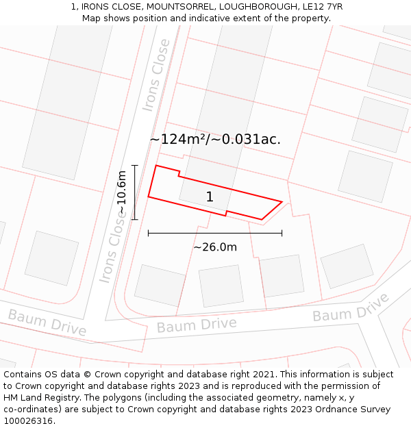 1, IRONS CLOSE, MOUNTSORREL, LOUGHBOROUGH, LE12 7YR: Plot and title map