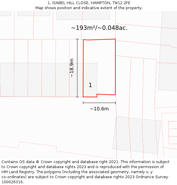 1, ISABEL HILL CLOSE, HAMPTON, TW12 2FE: Plot and title map