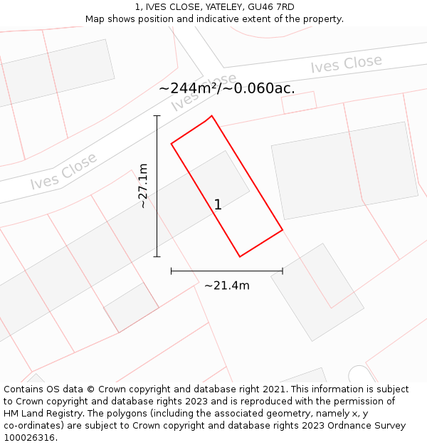 1, IVES CLOSE, YATELEY, GU46 7RD: Plot and title map