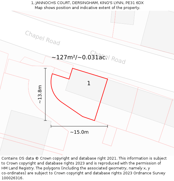 1, JANNOCHS COURT, DERSINGHAM, KING'S LYNN, PE31 6DX: Plot and title map