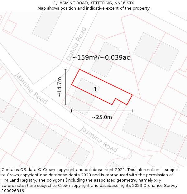 1, JASMINE ROAD, KETTERING, NN16 9TX: Plot and title map