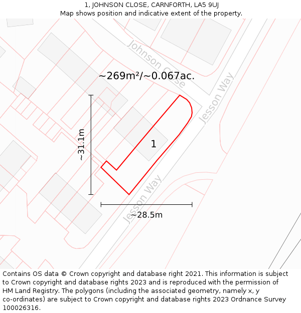 1, JOHNSON CLOSE, CARNFORTH, LA5 9UJ: Plot and title map
