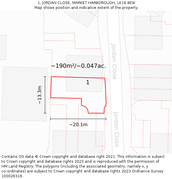 1, JORDAN CLOSE, MARKET HARBOROUGH, LE16 8EW: Plot and title map