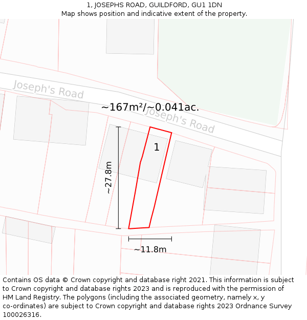 1, JOSEPHS ROAD, GUILDFORD, GU1 1DN: Plot and title map