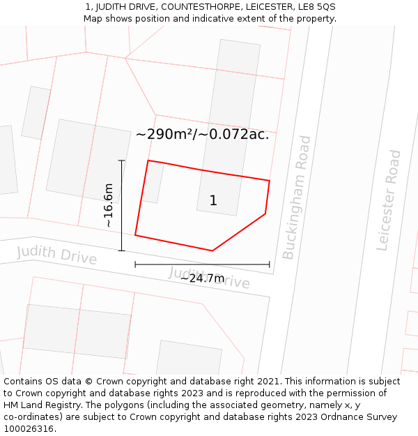 1, JUDITH DRIVE, COUNTESTHORPE, LEICESTER, LE8 5QS: Plot and title map