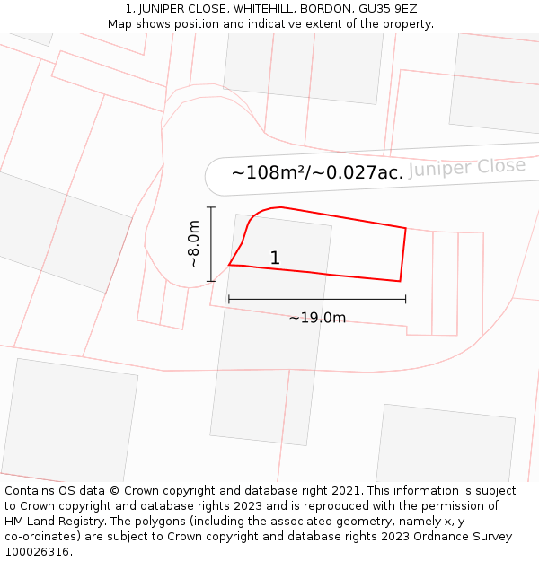 1, JUNIPER CLOSE, WHITEHILL, BORDON, GU35 9EZ: Plot and title map