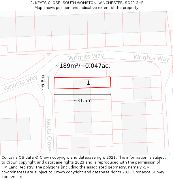 1, KEATS CLOSE, SOUTH WONSTON, WINCHESTER, SO21 3HF: Plot and title map