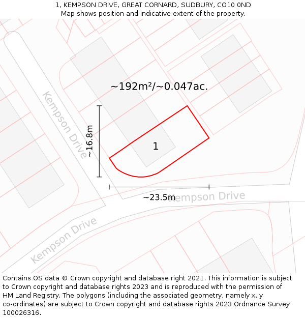1, KEMPSON DRIVE, GREAT CORNARD, SUDBURY, CO10 0ND: Plot and title map