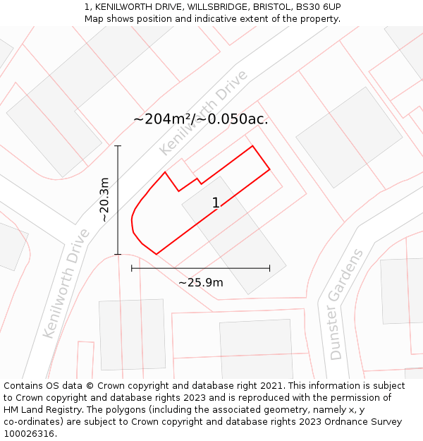 1, KENILWORTH DRIVE, WILLSBRIDGE, BRISTOL, BS30 6UP: Plot and title map
