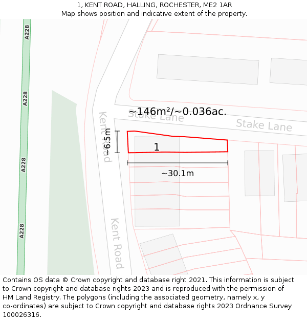 1, KENT ROAD, HALLING, ROCHESTER, ME2 1AR: Plot and title map
