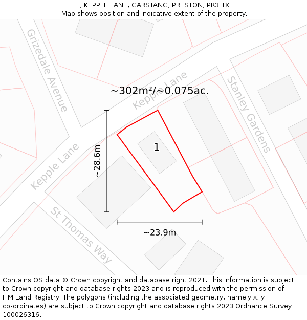 1, KEPPLE LANE, GARSTANG, PRESTON, PR3 1XL: Plot and title map