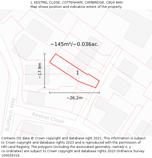 1, KESTREL CLOSE, COTTENHAM, CAMBRIDGE, CB24 8AN: Plot and title map