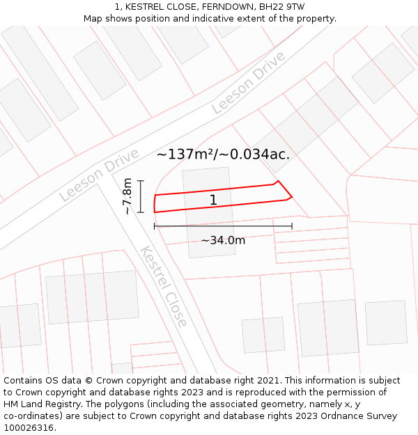 1, KESTREL CLOSE, FERNDOWN, BH22 9TW: Plot and title map