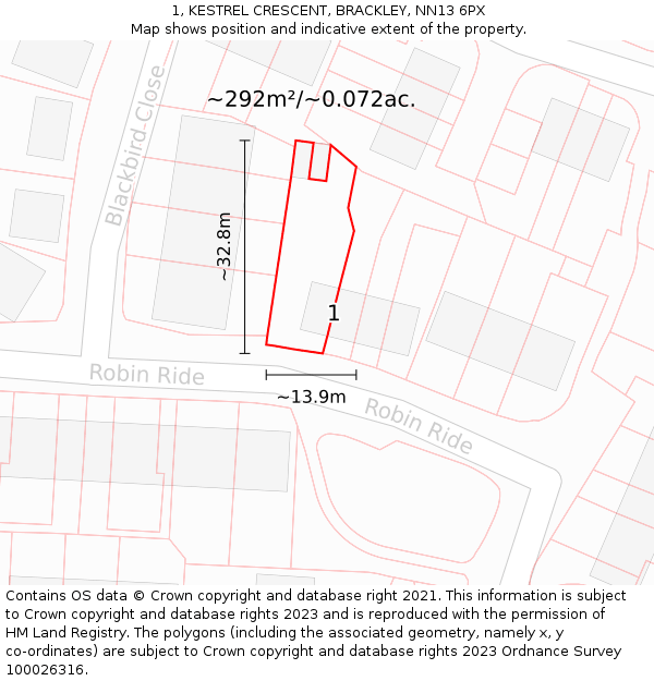 1, KESTREL CRESCENT, BRACKLEY, NN13 6PX: Plot and title map