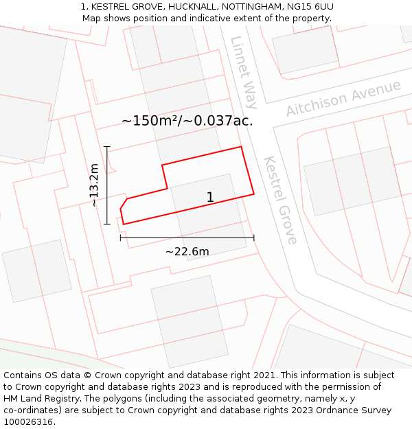 1, KESTREL GROVE, HUCKNALL, NOTTINGHAM, NG15 6UU: Plot and title map