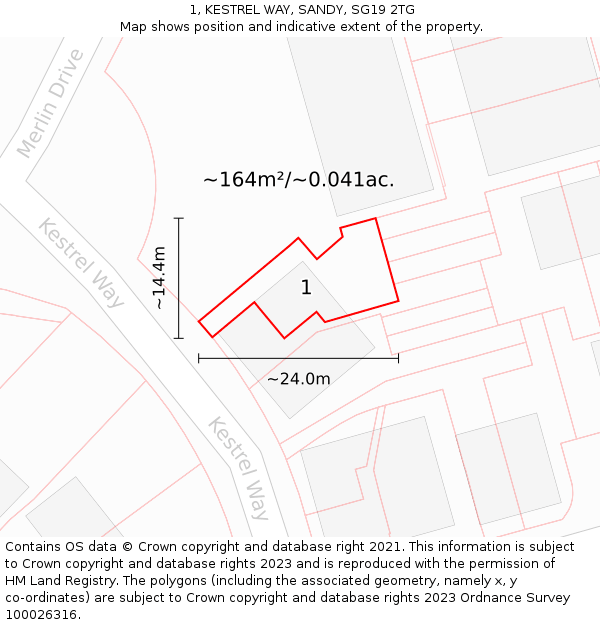 1, KESTREL WAY, SANDY, SG19 2TG: Plot and title map