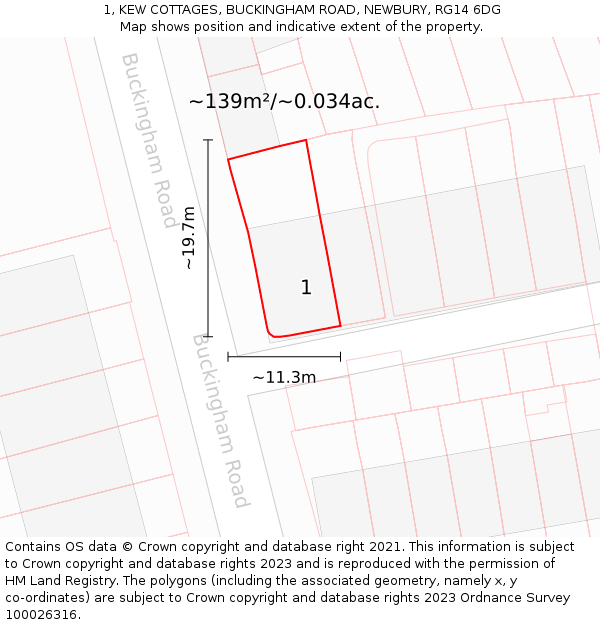 1, KEW COTTAGES, BUCKINGHAM ROAD, NEWBURY, RG14 6DG: Plot and title map