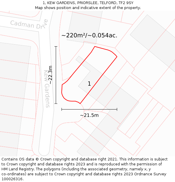 1, KEW GARDENS, PRIORSLEE, TELFORD, TF2 9SY: Plot and title map