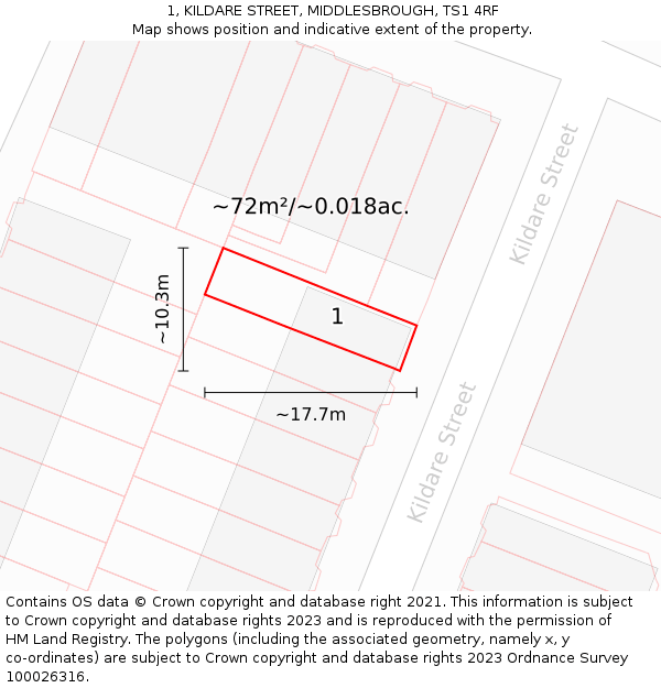 1, KILDARE STREET, MIDDLESBROUGH, TS1 4RF: Plot and title map