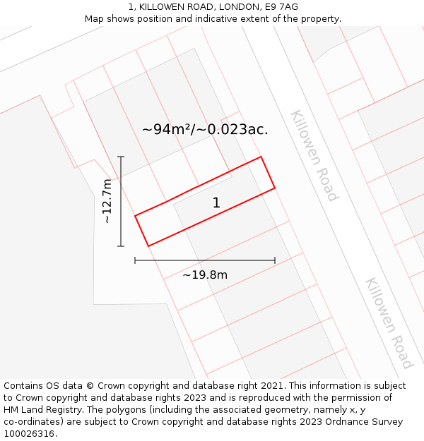 1, KILLOWEN ROAD, LONDON, E9 7AG: Plot and title map