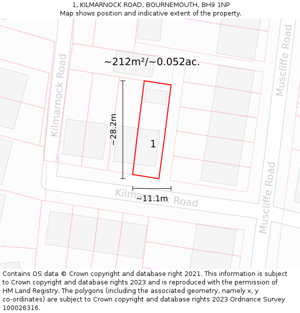 1, KILMARNOCK ROAD, BOURNEMOUTH, BH9 1NP: Plot and title map
