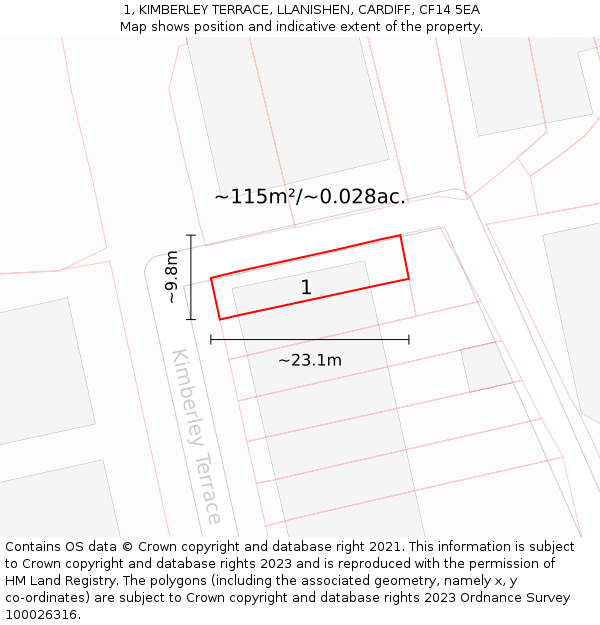 1, KIMBERLEY TERRACE, LLANISHEN, CARDIFF, CF14 5EA: Plot and title map