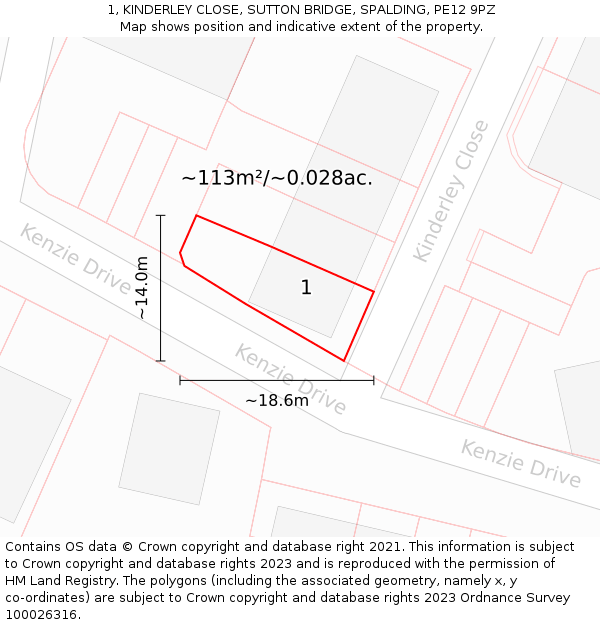 1, KINDERLEY CLOSE, SUTTON BRIDGE, SPALDING, PE12 9PZ: Plot and title map