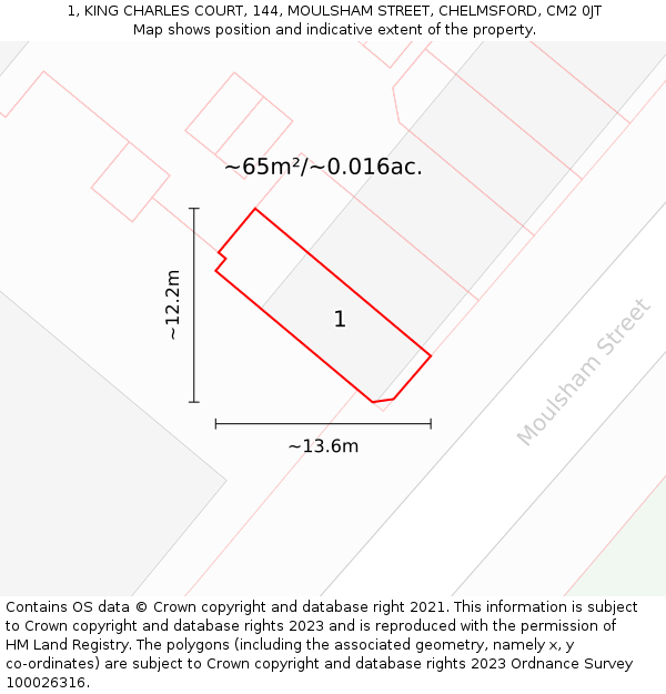 1, KING CHARLES COURT, 144, MOULSHAM STREET, CHELMSFORD, CM2 0JT: Plot and title map