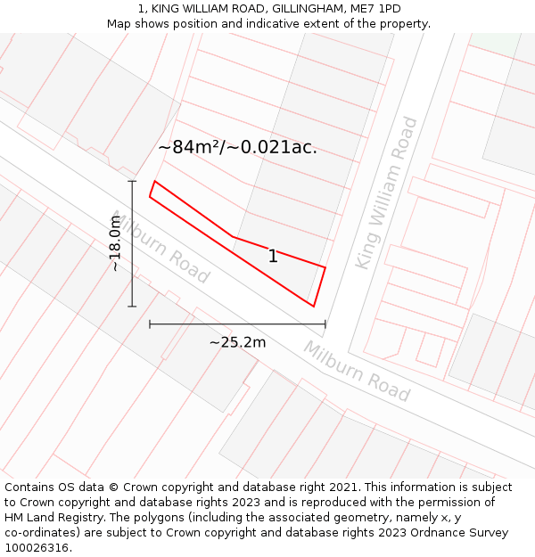 1, KING WILLIAM ROAD, GILLINGHAM, ME7 1PD: Plot and title map
