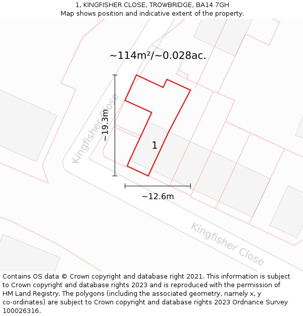 1, KINGFISHER CLOSE, TROWBRIDGE, BA14 7GH: Plot and title map