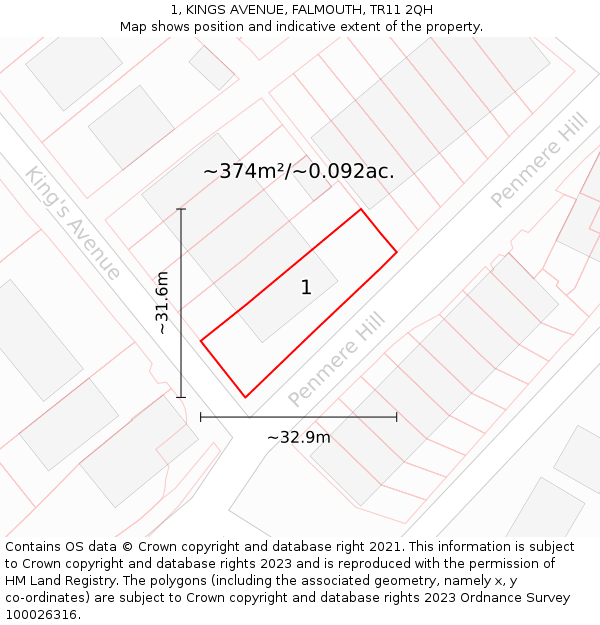 1, KINGS AVENUE, FALMOUTH, TR11 2QH: Plot and title map