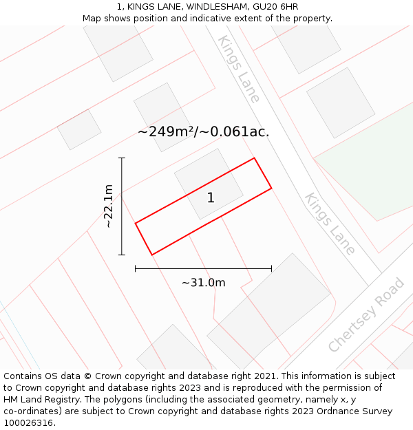 1, KINGS LANE, WINDLESHAM, GU20 6HR: Plot and title map