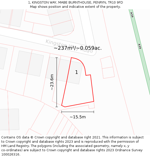 1, KINGSTON WAY, MABE BURNTHOUSE, PENRYN, TR10 9FD: Plot and title map