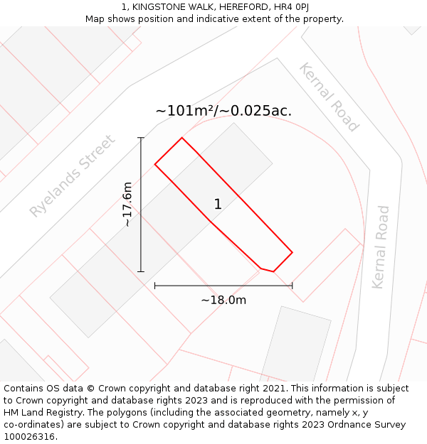 1, KINGSTONE WALK, HEREFORD, HR4 0PJ: Plot and title map