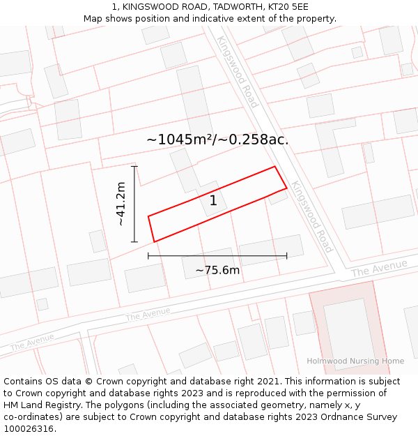 1, KINGSWOOD ROAD, TADWORTH, KT20 5EE: Plot and title map