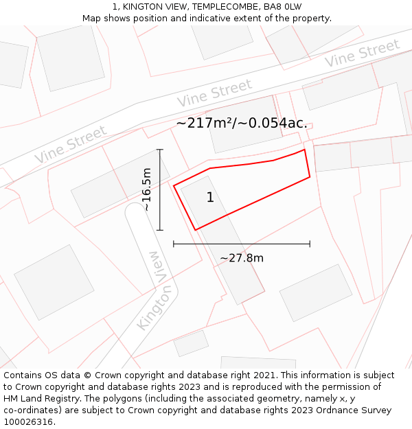 1, KINGTON VIEW, TEMPLECOMBE, BA8 0LW: Plot and title map