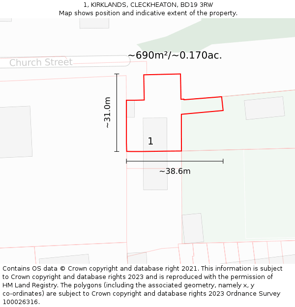 1, KIRKLANDS, CLECKHEATON, BD19 3RW: Plot and title map