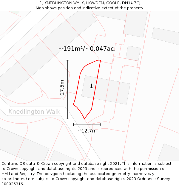 1, KNEDLINGTON WALK, HOWDEN, GOOLE, DN14 7GJ: Plot and title map