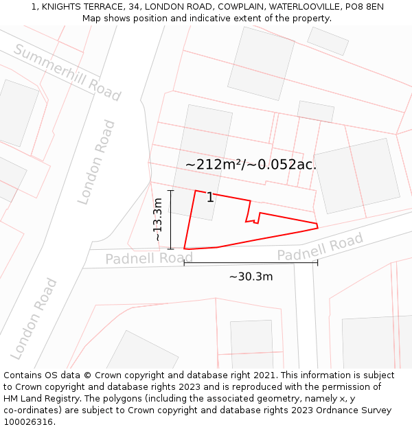 1, KNIGHTS TERRACE, 34, LONDON ROAD, COWPLAIN, WATERLOOVILLE, PO8 8EN: Plot and title map