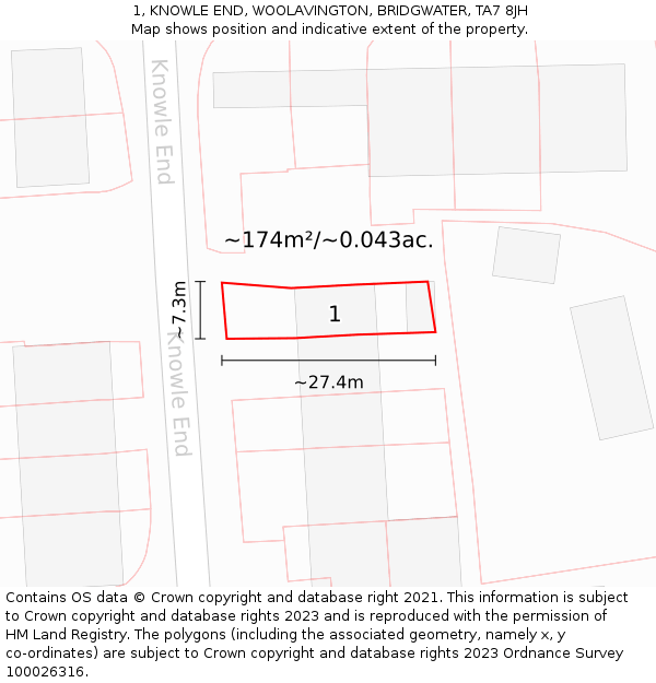 1, KNOWLE END, WOOLAVINGTON, BRIDGWATER, TA7 8JH: Plot and title map