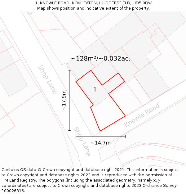1, KNOWLE ROAD, KIRKHEATON, HUDDERSFIELD, HD5 0DW: Plot and title map