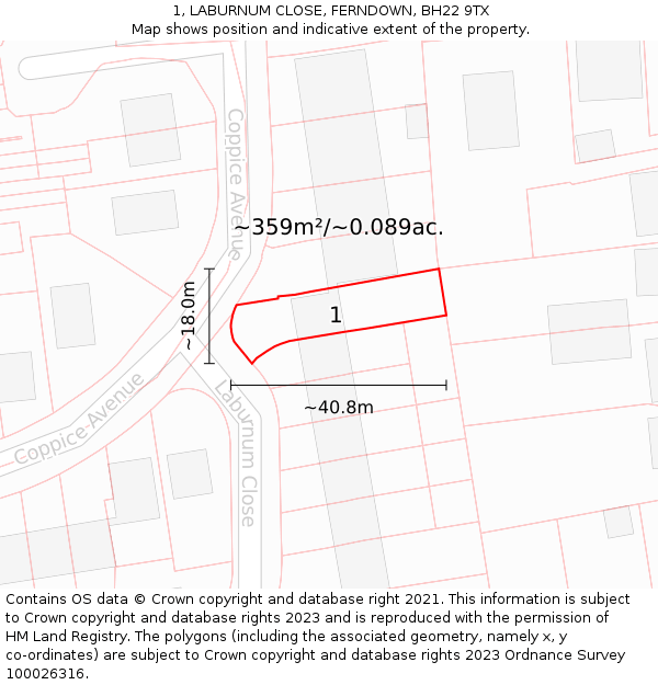 1, LABURNUM CLOSE, FERNDOWN, BH22 9TX: Plot and title map