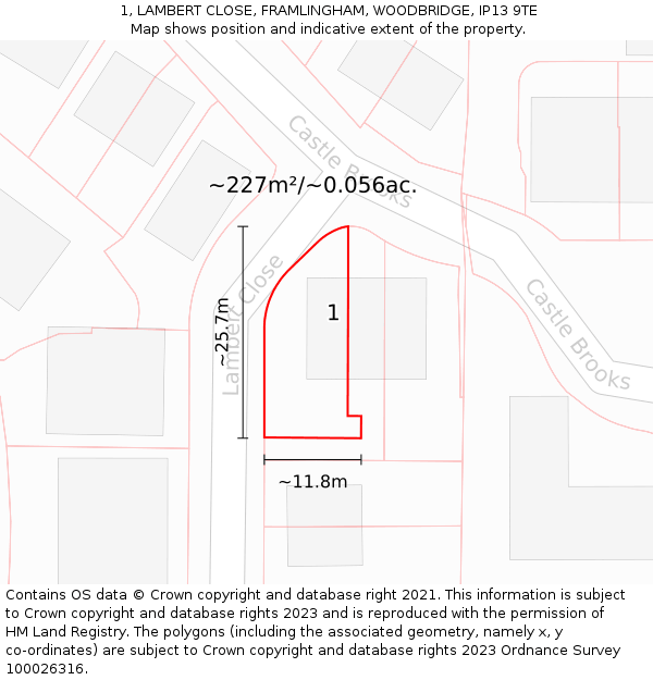 1, LAMBERT CLOSE, FRAMLINGHAM, WOODBRIDGE, IP13 9TE: Plot and title map