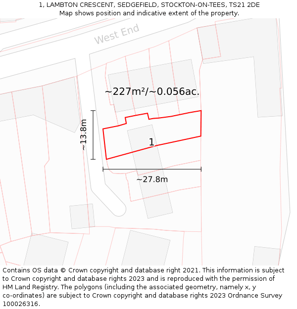1, LAMBTON CRESCENT, SEDGEFIELD, STOCKTON-ON-TEES, TS21 2DE: Plot and title map