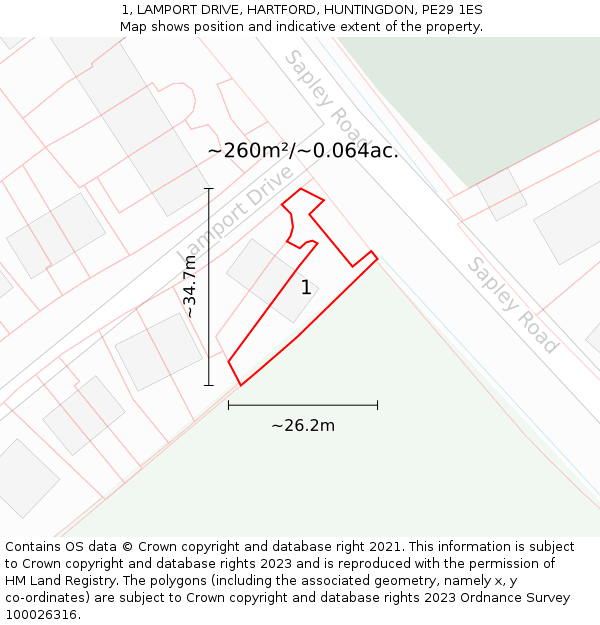 1, LAMPORT DRIVE, HARTFORD, HUNTINGDON, PE29 1ES: Plot and title map