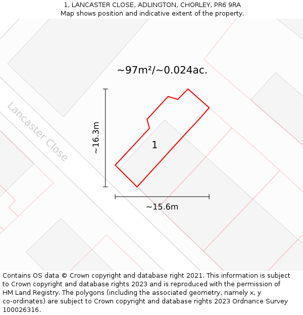 1, LANCASTER CLOSE, ADLINGTON, CHORLEY, PR6 9RA: Plot and title map