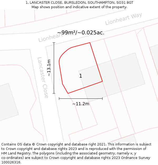 1, LANCASTER CLOSE, BURSLEDON, SOUTHAMPTON, SO31 8GT: Plot and title map