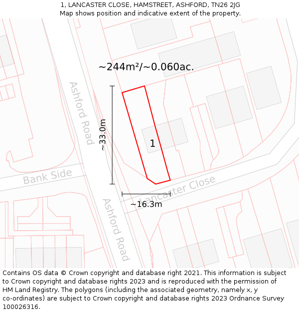1, LANCASTER CLOSE, HAMSTREET, ASHFORD, TN26 2JG: Plot and title map