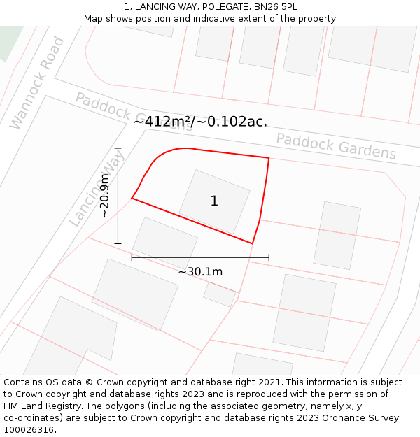 1, LANCING WAY, POLEGATE, BN26 5PL: Plot and title map
