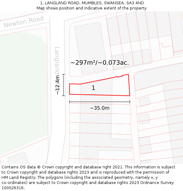 1, LANGLAND ROAD, MUMBLES, SWANSEA, SA3 4ND: Plot and title map